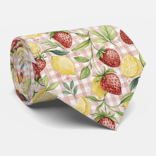 Cravate Fraises et citrons à l'aquarelle sur carreaux rose