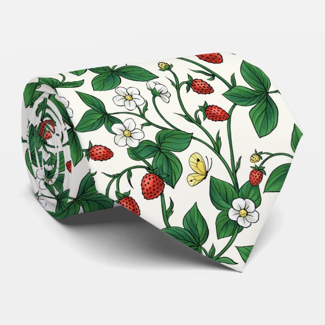 Cravate Fraises sauvages rouge/jaune/vert/blanc cassé (Roulé)