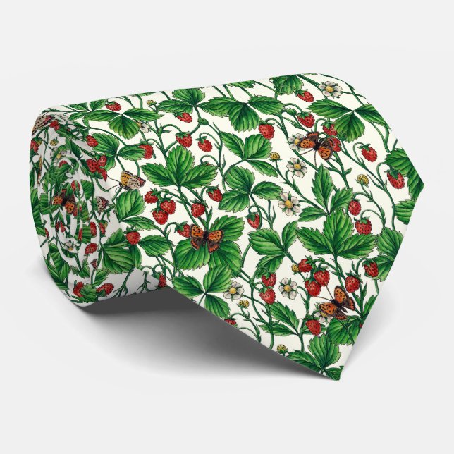 Cravate Fraises sauvages sur blanc (Roulé)