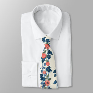 Cravate Fraises vintages et Feuilles bleus motif floral