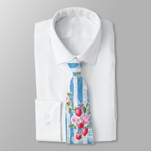 Cravate Fraises vintages et fleurs sur bandes bleues (Attaché)