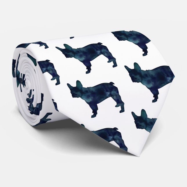 Cravate Français Bulldog Noir Aquarelle Silhouette (Roulé)