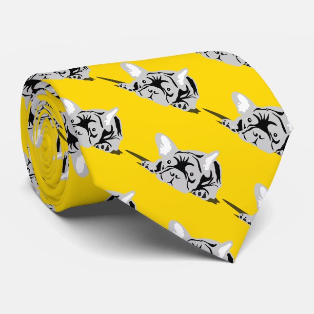 Cravate Français Bulldog Silhouette noir, blanc, jaune (Roulé)