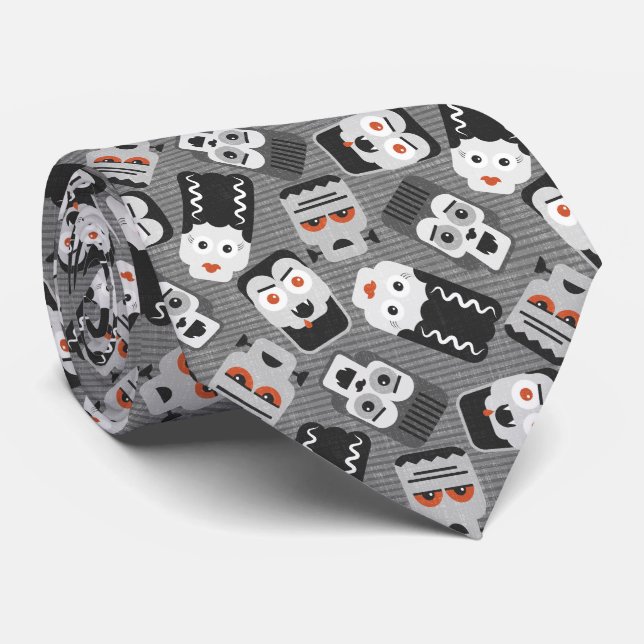 Cravate Frankenstein et amis éffrayants - noir, blanc et (Roulé)