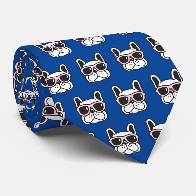 Cravate Frenchie Chien Français Buldog Fête des pères Bleu (Roulé)