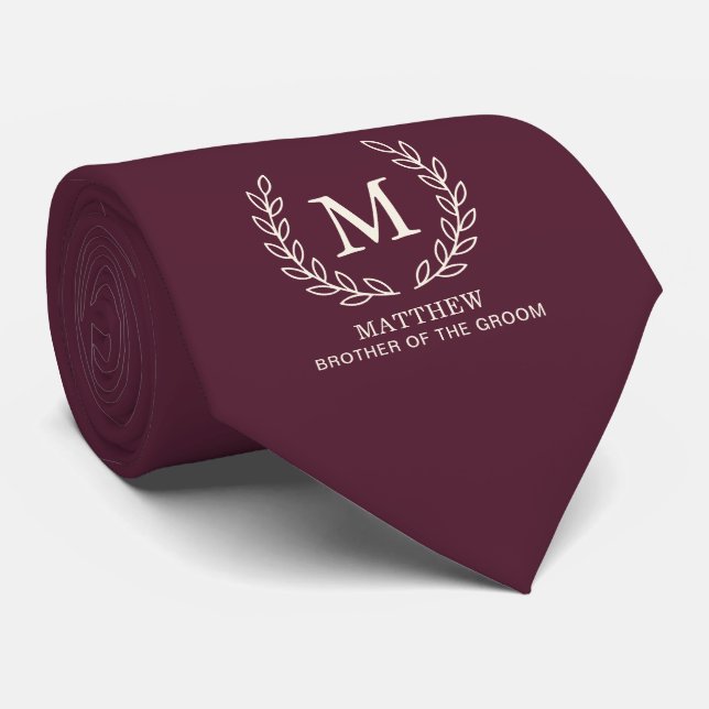 Cravate Frère du marié Monogramme Mariage Vin Profond (Roulé)
