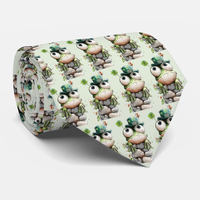 Cravate Frog with Green Hat and Shamrock Cute Pattern (Roulé)