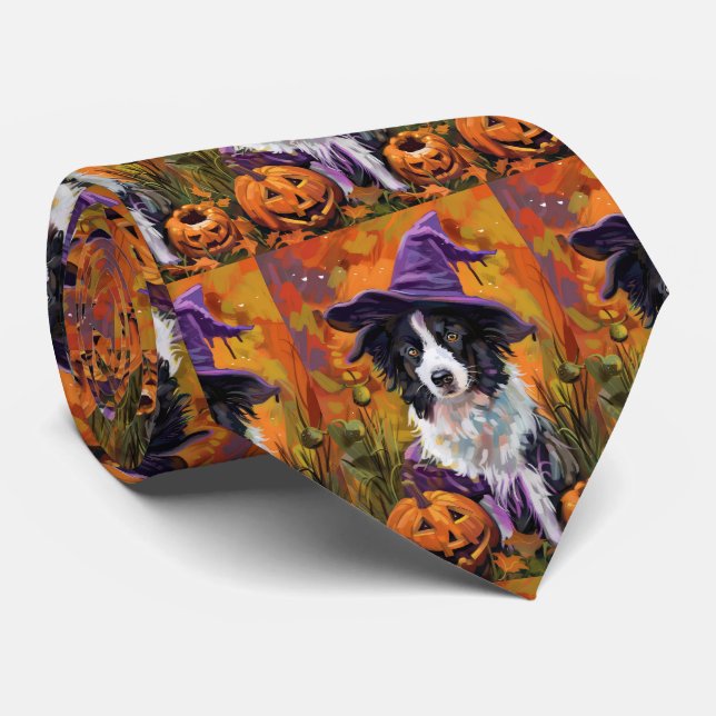 Cravate Frontière éffrayante Collie Halloween Sorcière Et  (Roulé)