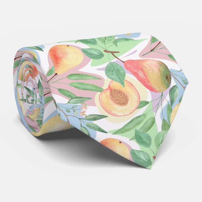 Cravate Fruits, pêches, poires, citrons, aquarelle (Roulé)