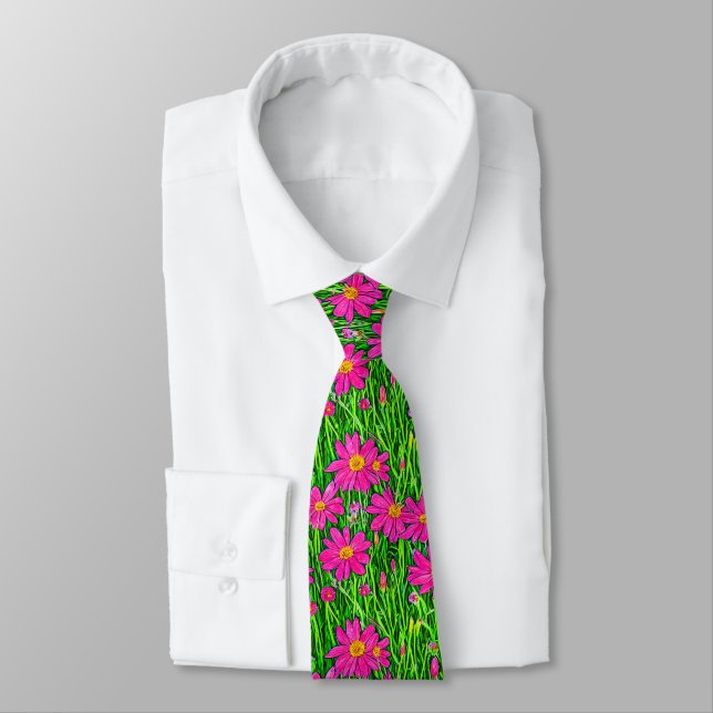 Cravate Fuchsia Fleurs sauvages roses dans un champ (Attaché)