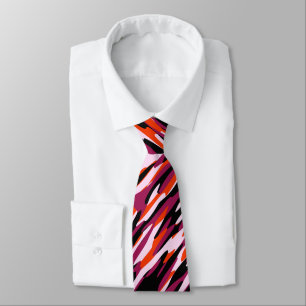 Cravate Fuchsia rose, orange, noir et blanc camouflage