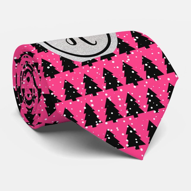 Cravate Fuchsia Silver Black Monogram Christmas Tree  (Roulé)