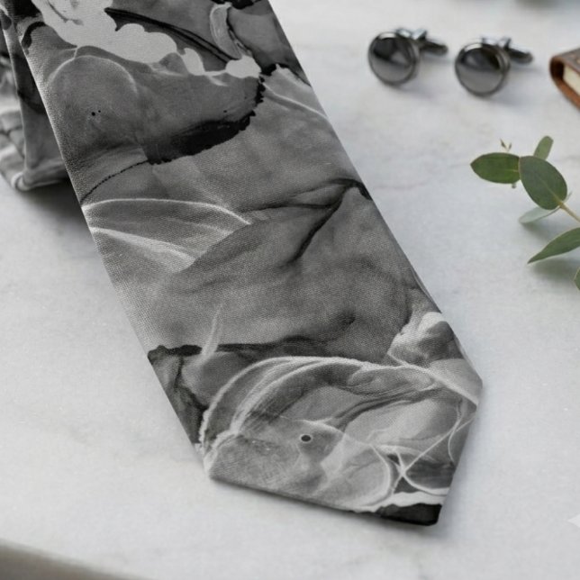 Cravate Fumée Abstraite Noir et Blanc Éthérée (A moody black and white smoke swirl necktie, a sophisticated gift for him for a formal event.)