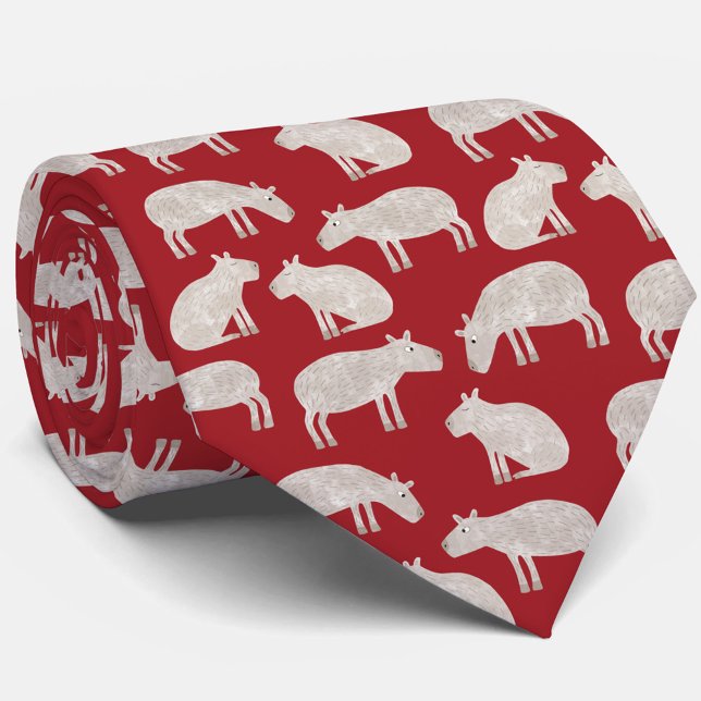 Cravate Fun Motif Capybara Rouge (Fun capybara pattern festive red Christmas neck tie)