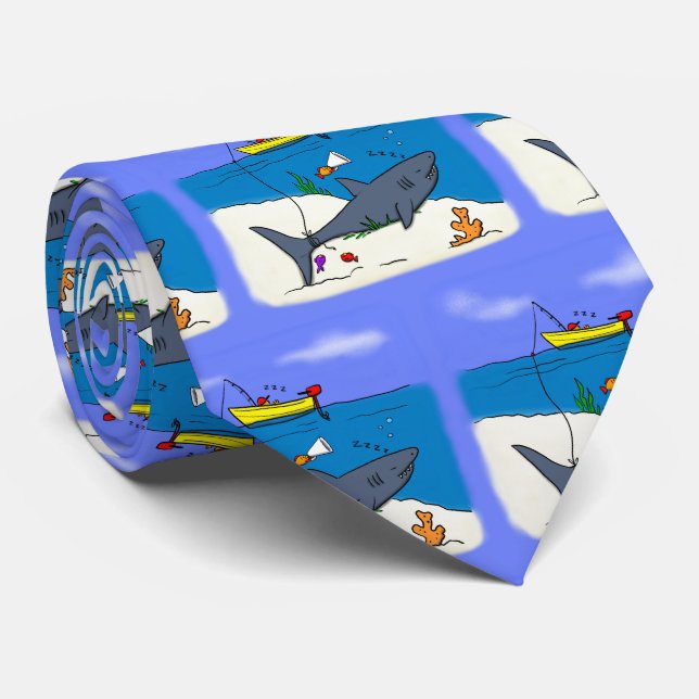Cravate Funny sleeping shark and fishing cartoon (Roulé)