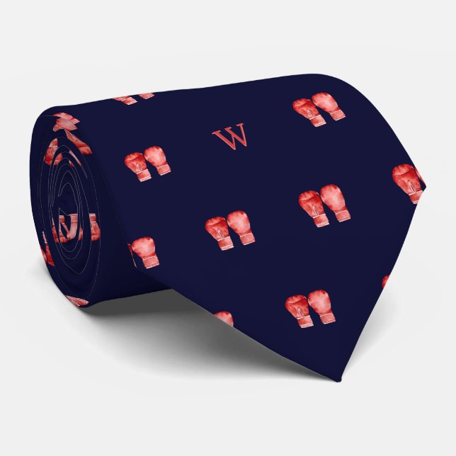 Cravate Gants de boxe rouges aquarelle Monogramme Initial  (Roulé)