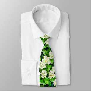 Cravate Gardenias blanches et Feuilles verts de Jade