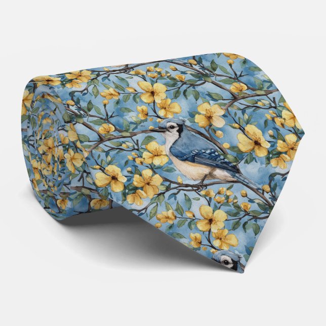 Cravate Geai bleu dans les fleurs jaunes (Roulé)