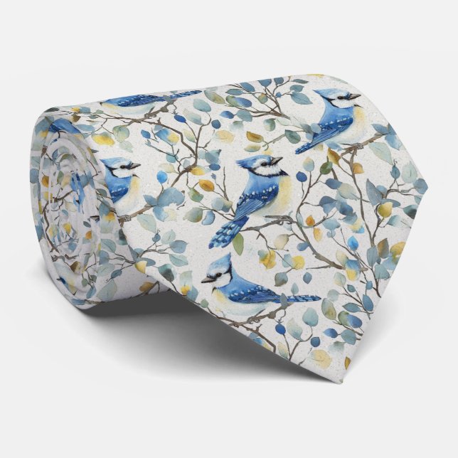 Cravate Geai bleu dans les fleurs jaunes (Roulé)