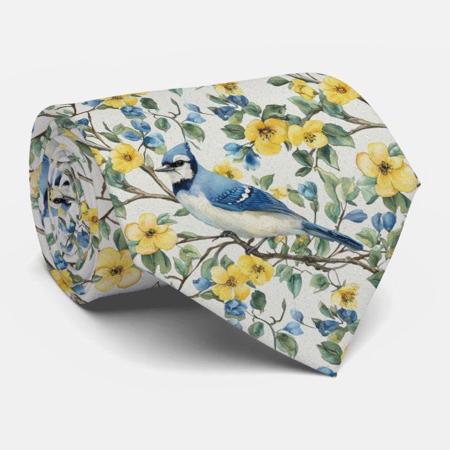 Cravate Geai bleu dans les fleurs jaunes (Roulé)