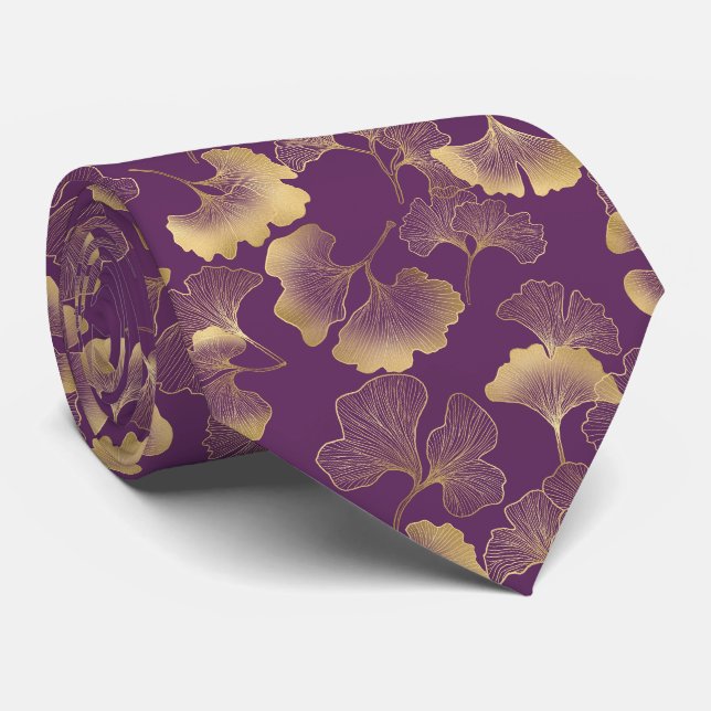 Cravate Ginkgo Botanique Or Violet Foncé (Roulé)