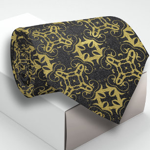 Cravate Glittery Black Faux Gold Metallic Damask Pattern