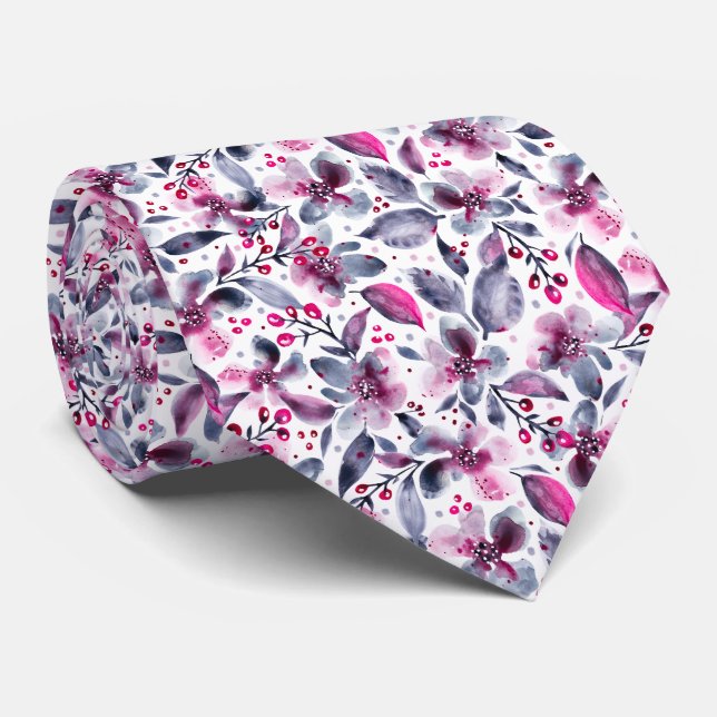 Cravate Gloria Blanc, gris et rose Aquarelle Florale (Roulé)