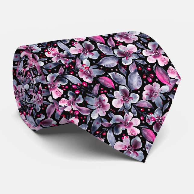 Cravate Gloria Designer-Noir, Gris&Rose Aquarelle Florale (Roulé)