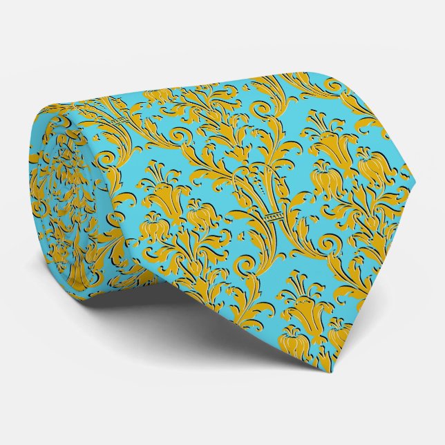 Cravate Gold Floral Damask Turquoise Mariage (Roulé)