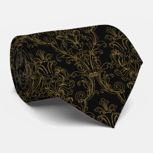 Cravate Gold Outline Floral Damask Forme Noir