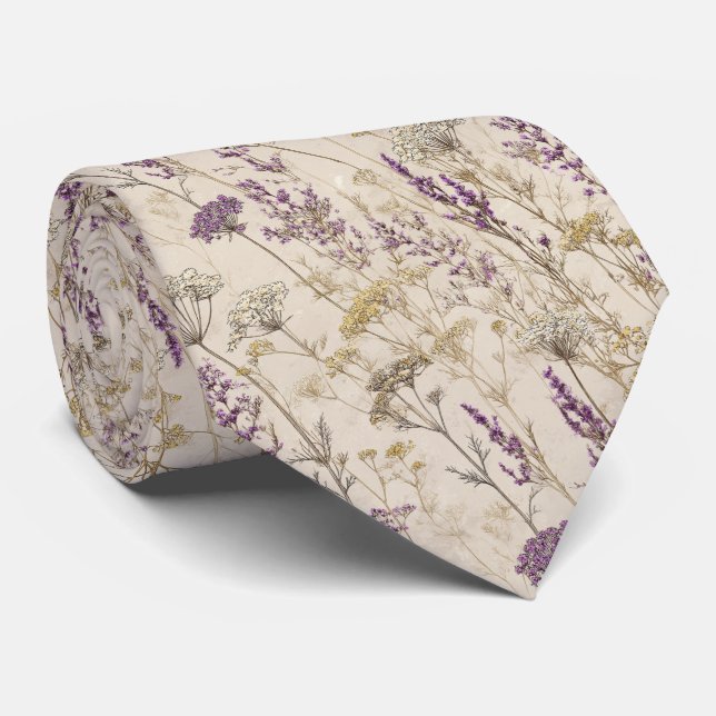 Cravate Golden Lavender Botanical Fleur sauvage Mariage (Roulé)