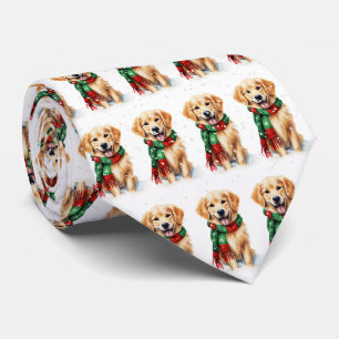 Cravate Golden Retriever de Noël dans des flocons de neige