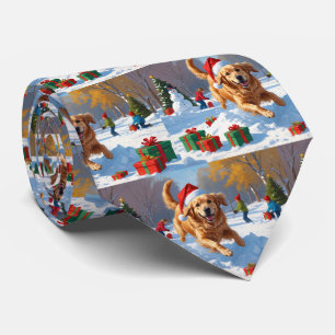 Cravate Golden Retriever en neige avec Casquette de Noël