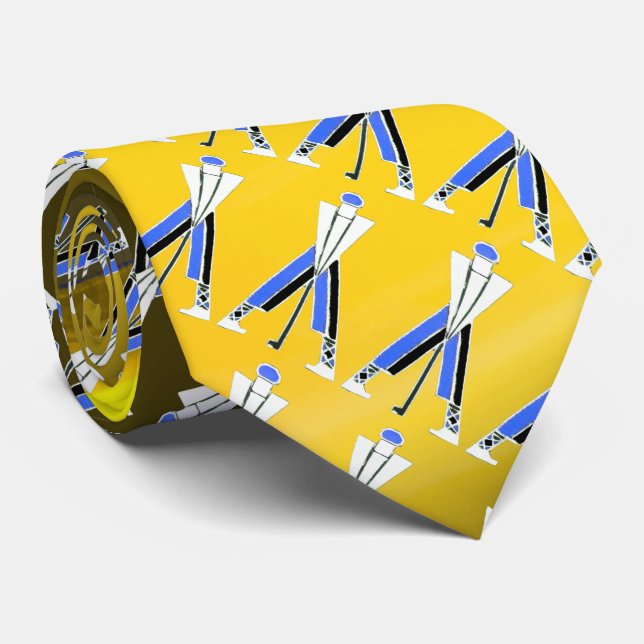 CRAVATE GOLFER BLEU JAUNE BLANC STYLISÉ, JOUEURS DE GOLF (Roulé)