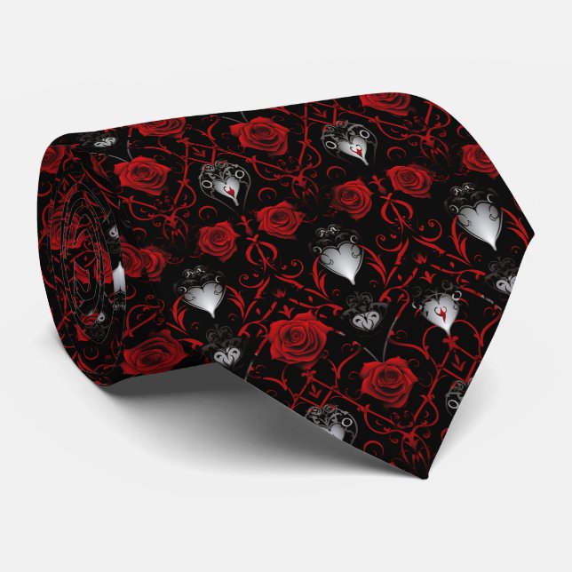 Cravate Gothic Red Roses Silver Hearts  (Roulé)