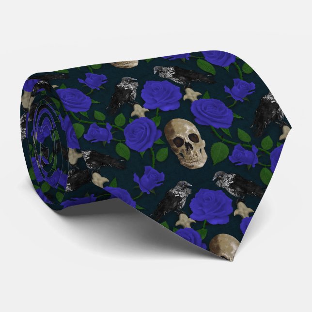 Cravate Gothique foncé Grungy Vins Roses Corbeau bleu crân (Roulé)