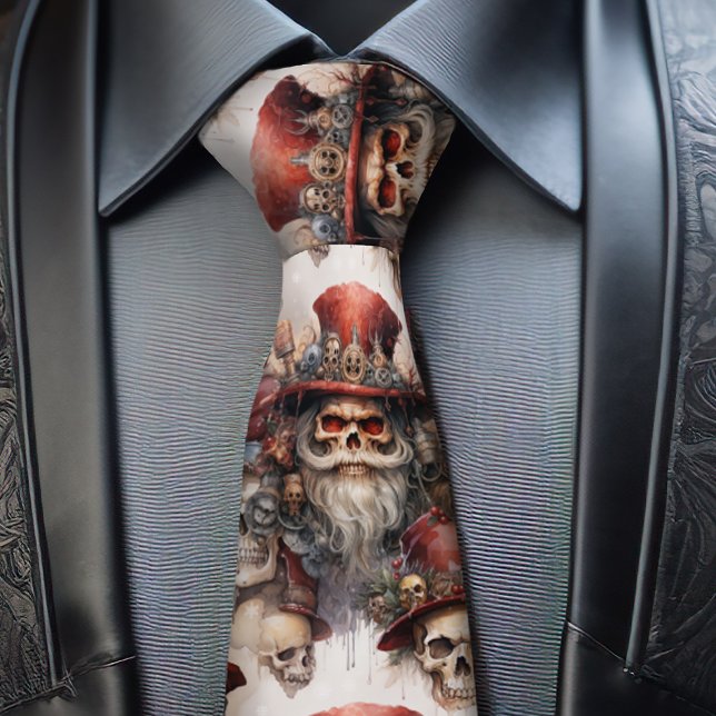 Cravate Gothique Steampunk Père Noël Crâne Rouge Top Chape (Get your steampunk on with this festive Steampunk Santa Tie. Show your Gothic Style at Christmas.)