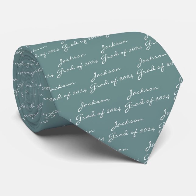 Cravate Graduation White Script Sage Green Personnalisé (Roulé)