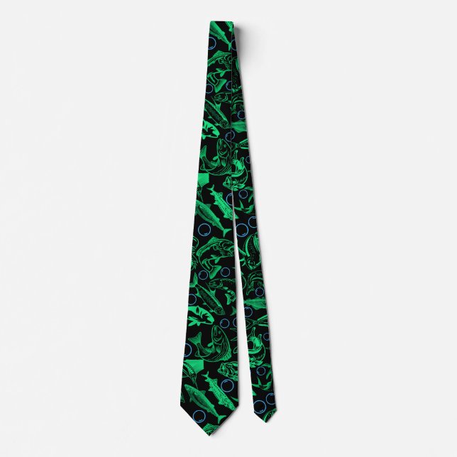 Cravate Green Fishes Motif 10,w Black BG (Devant)