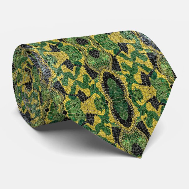 Cravate Green Yellow Alligator Crocodile Dragon Leather (Roulé)