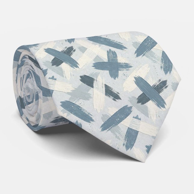 Cravate Gris Ardoise Bleu Abstrait Pinceaux Traits Océan C (Roulé)