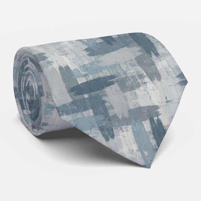 Cravate Gris Ardoise Bleu Abstrait Pinceaux Traits Océan C (Roulé)