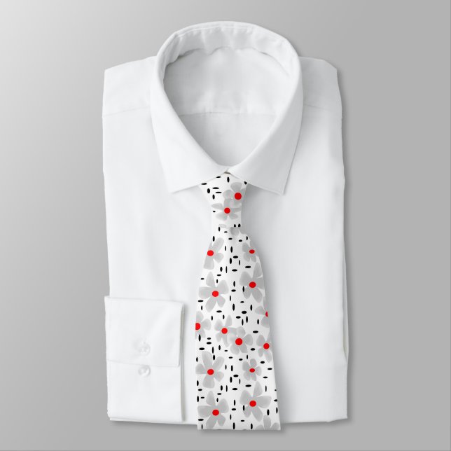 Cravate gris avec des fleurs rouges sur fond blanc rétro (Attaché)