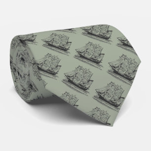 Cravate gris avec navire Vintage noir
