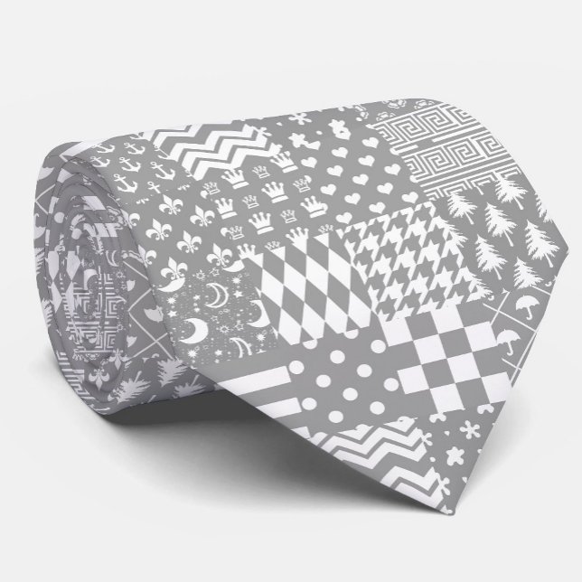Cravate Gris Blanc Mixte Motif Patchwork Design (Créateur téléchargé)
