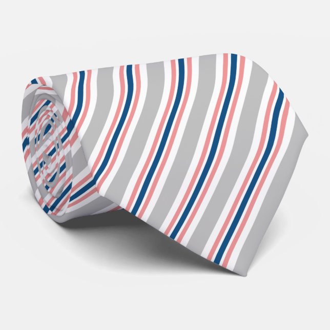 Cravate Gris Clair Bleu Nuit Rose Pâle Rayures Motif (Roulé)