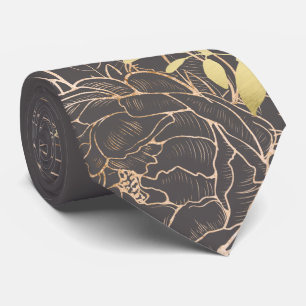 Cravate Gris & Faux Gold Peony Moderne Floral Mariage