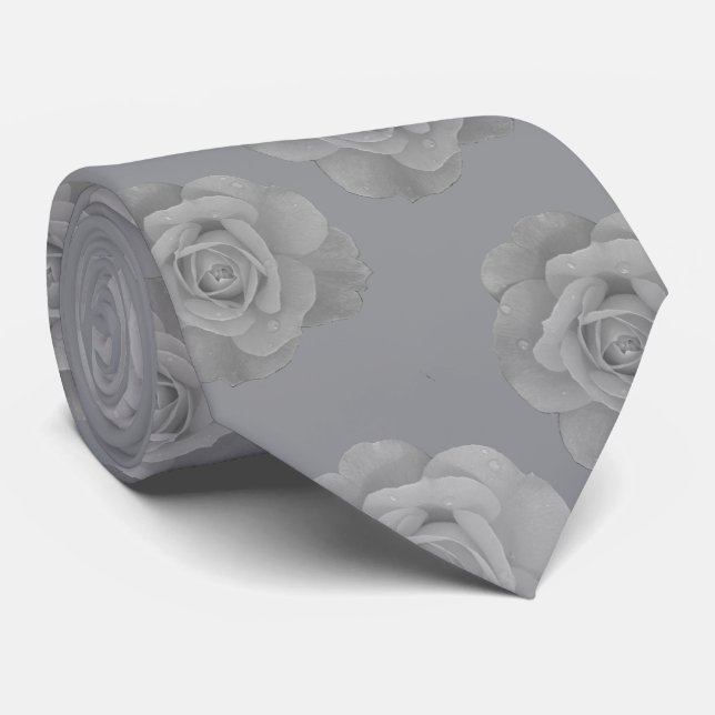 Cravate Gris floral noir et blanc Fleurs de rose grise Coo (Roulé)