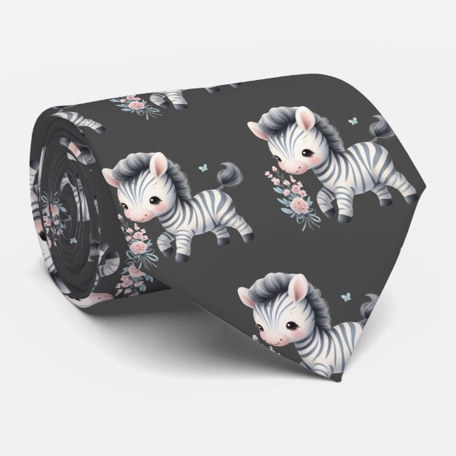 Cravate Gris Noir et Blanc Moderne Kawaii Zebres Mignons (Roulé)
