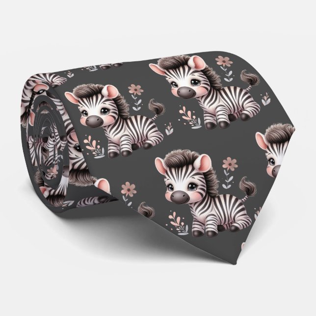 Cravate Gris Noir et Blanc Moderne Kawaii Zebres Mignons (Roulé)